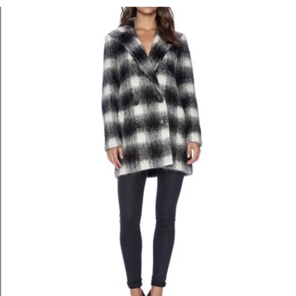 Theory Shaggy Pea Coat Cafe Lithe Wool Blend Black/White Check - Picture 7 of 10